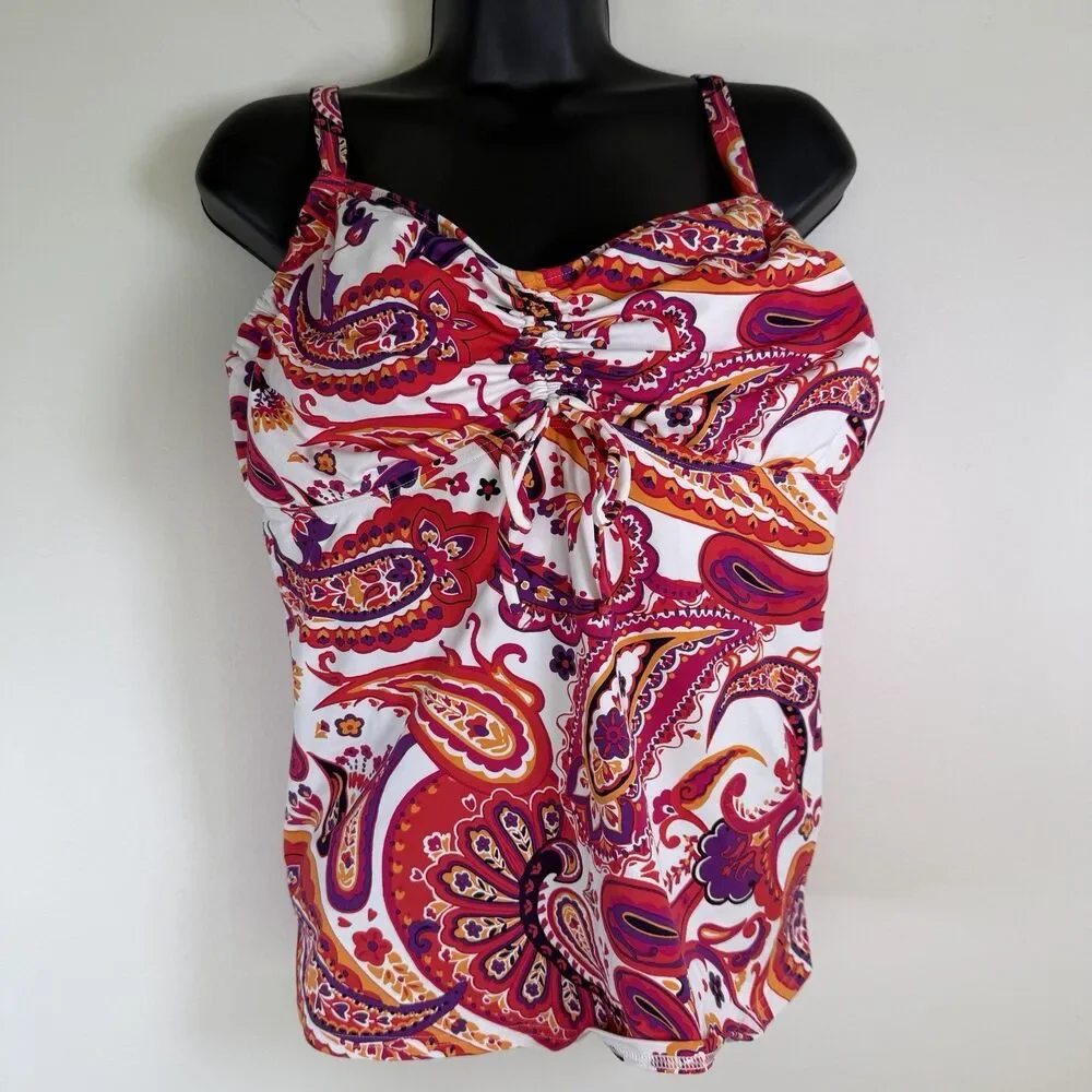 Lands End Tankini Swim Top Pink Paisley Underwire Size 12DD Swim Top